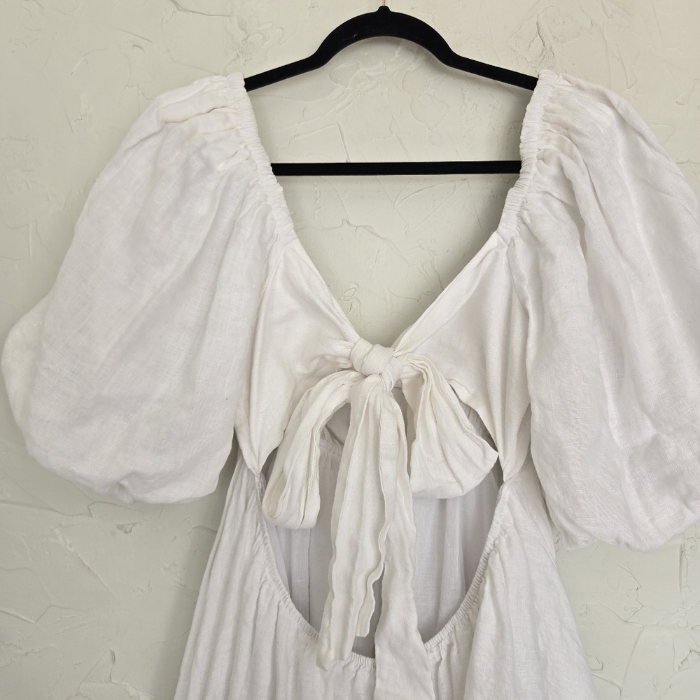 Showpo. Amalie Linen Tie Back Puff Sleeve White Dress, 12 - Picture 9 of 14